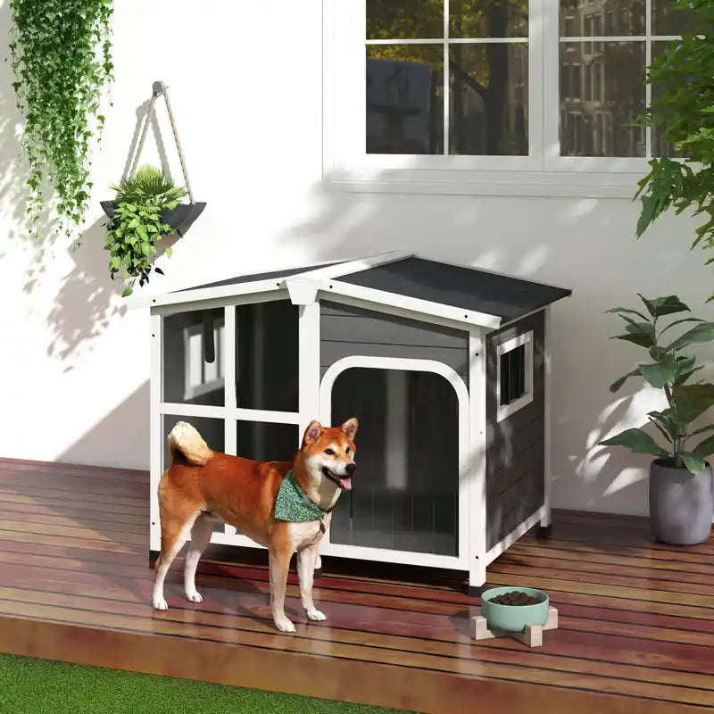 Wooden Dog House Outdoor With Removable Bottom, Cabin Style Raised Pet Kennel, With Openable