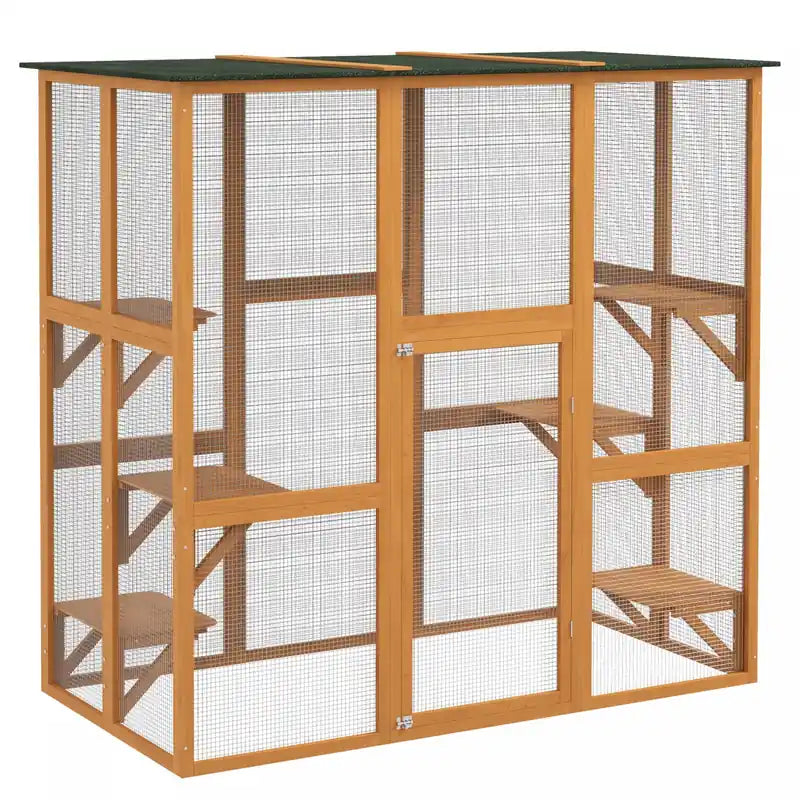 Pawhut Large Outdoor Catio Enclosure, Weatherproof Cat House With Asphalt Roof, Wooden Cat Patio Cag