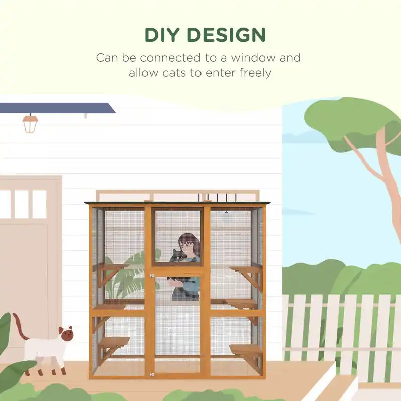 Large Outdoor Catio Enclosure, Weatherproof Cat House With Asphalt Roof, Wooden Cat Patio Cag
