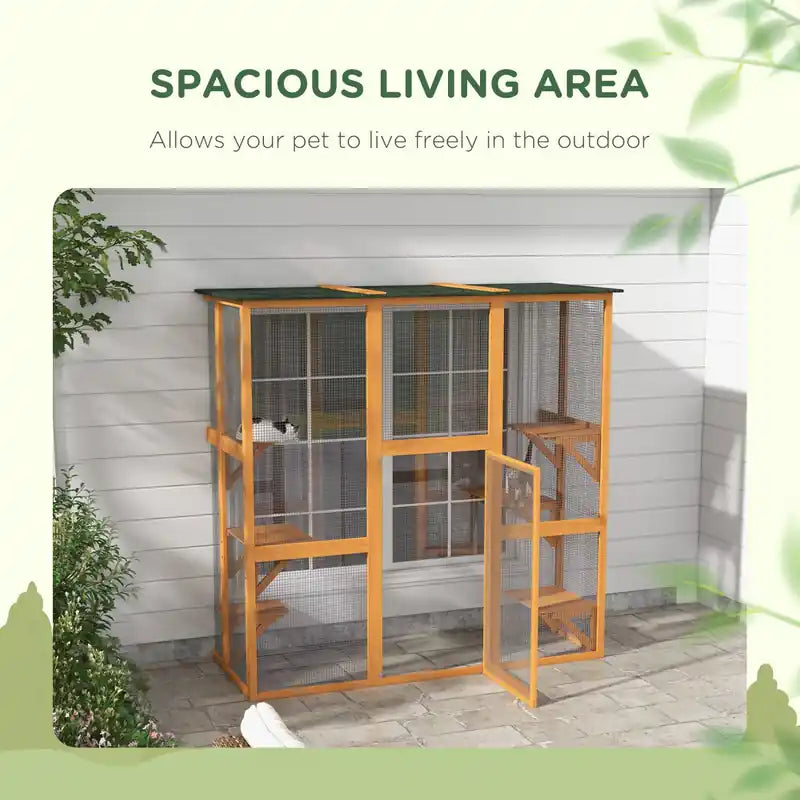 Large Outdoor Catio Enclosure, Weatherproof Cat House With Asphalt Roof, Wooden Cat Patio Cag