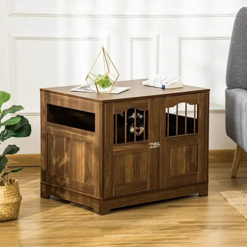 29.5 Wooden Dog Cage With Windows, End Table Furniture Style, Modern Pet Kennel With Lockabl