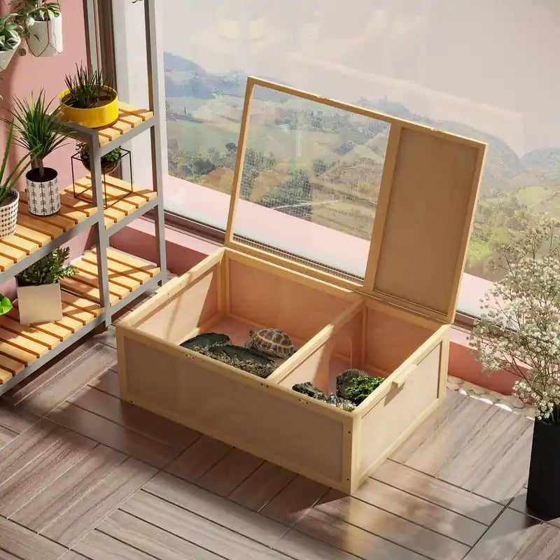 Tortoise Enclosure, Wooden Turtle Tank Reptile Terrarium With Two Room Design, For Indoor Use
