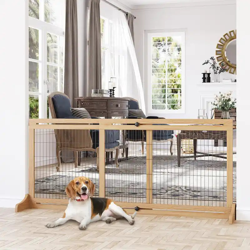 Free Standing Pet Gate, Wooden Foldable Dog Gate With 41-72 Adjustable Length, Support Feet