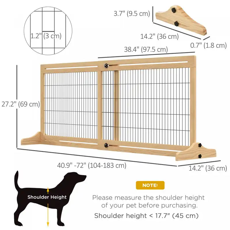 Free Standing Pet Gate, Wooden Foldable Dog Gate With 41-72 Adjustable Length, Support Feet