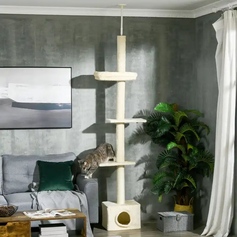 Floor To Ceiling Cat Tree With Scratching Post For Indoor Cats, Adjustable Height Cat Tower (