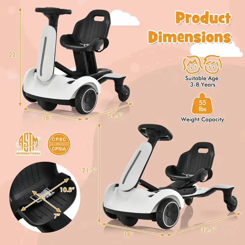 6v Kids Ride On Drift Car Electric Drifting Go Kart For Kids With 360 Spin White