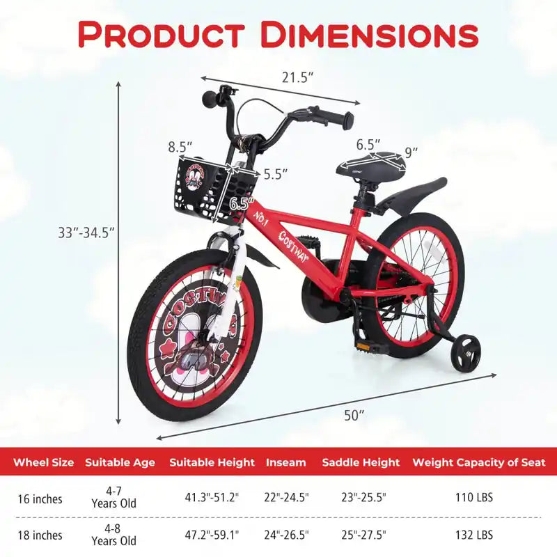18 Kid's Bike For 4-8 With Height-adjustable Handlebar & Saddle Handbrake Red