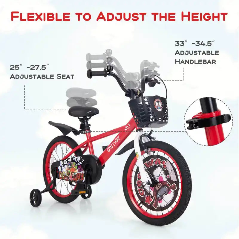 18 Kid's Bike For 4-8 With Height-adjustable Handlebar & Saddle Handbrake Red