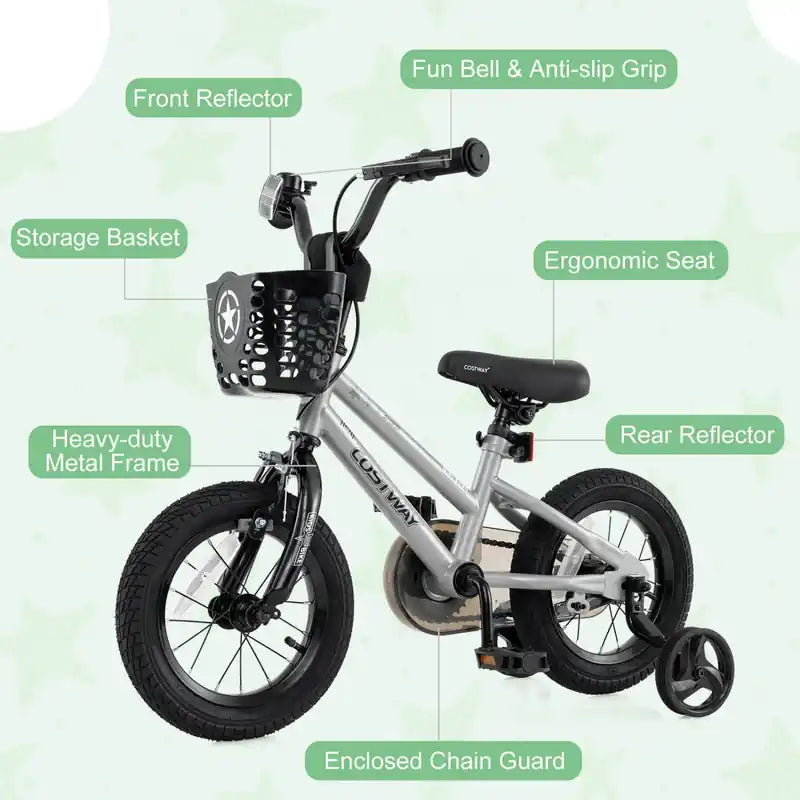 Vélo enfant 14 pouces avec petites roues Hauteur de selle et guidon réglables Frein à main Argent