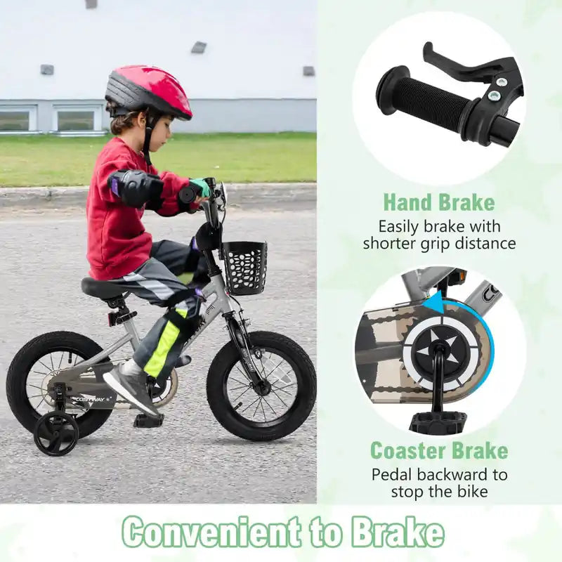 14 Kid's Bike With Training Wheels Adjustable Handlebar & Seat Handbrake Silver