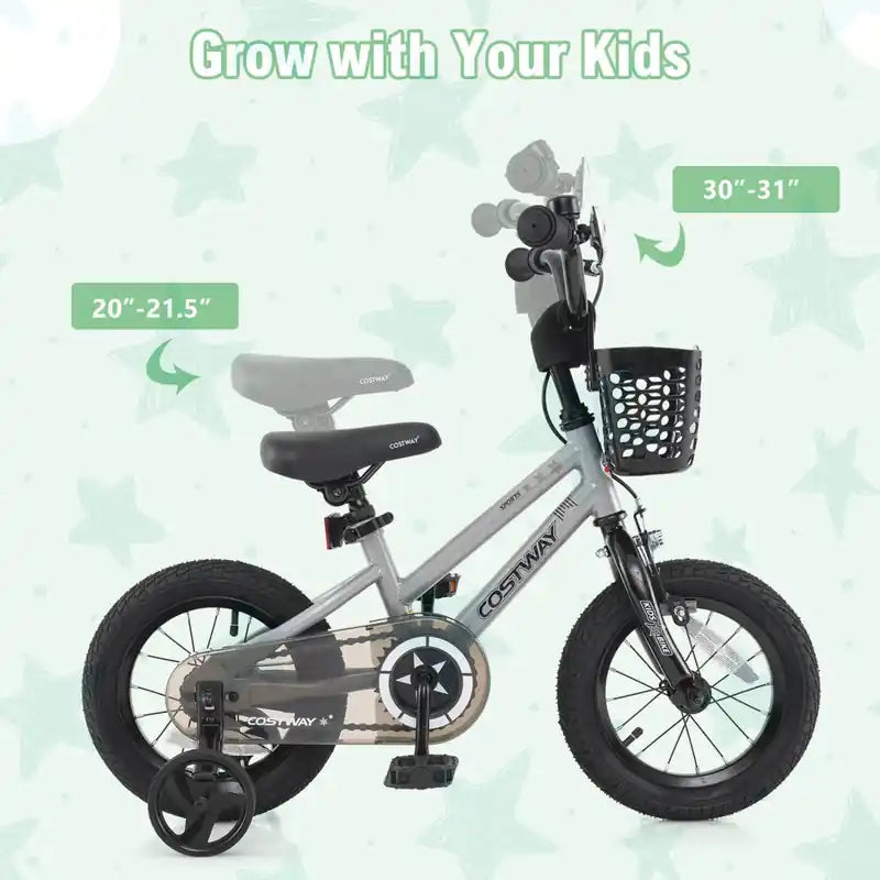 14 Kid's Bike With Training Wheels Adjustable Handlebar & Seat Handbrake Silver