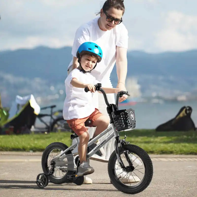 Vélo enfant 14 pouces avec petites roues Hauteur de selle et guidon réglables Frein à main Argent