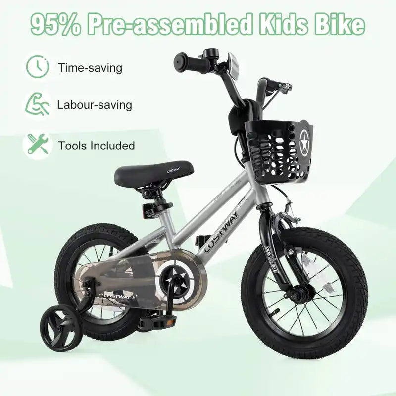 Vélo enfant 14 pouces avec petites roues Hauteur de selle et guidon réglables Frein à main Argent