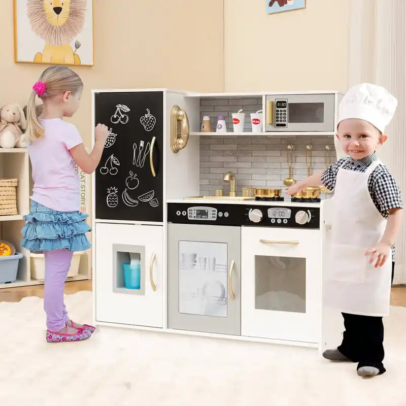 Kid's Pretend Play Kitchen Toddler Kitchen Playset With Blackboard Beige