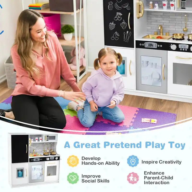 Kid's Pretend Play Kitchen Toddler Kitchen Playset With Blackboard Beige